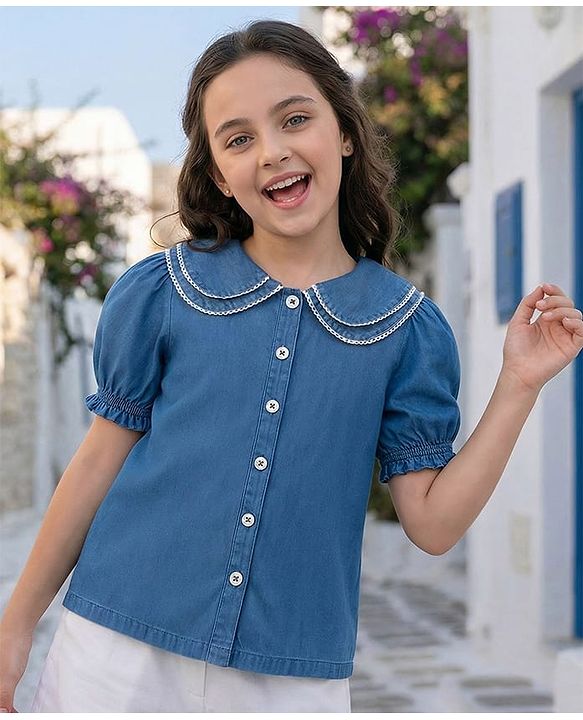 Pine Kids Cotton Woven Half Puffed Sleeves Frock Style Peter Pan Collar Top  - Navy Blue