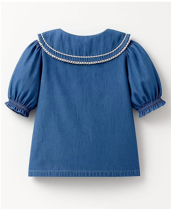 Pine Kids Cotton Woven Half Puffed Sleeves Frock Style Peter Pan Collar Top  - Navy Blue