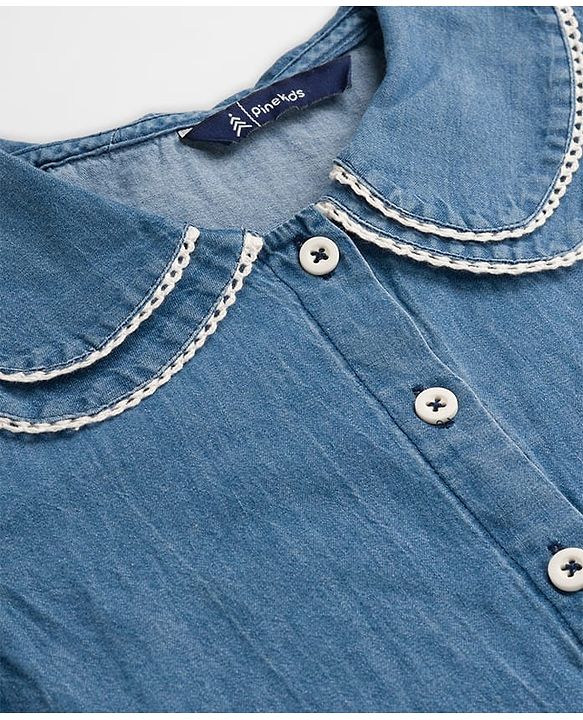 Pine Kids Cotton Woven Half Puffed Sleeves Frock Style Peter Pan Collar Top  - Navy Blue
