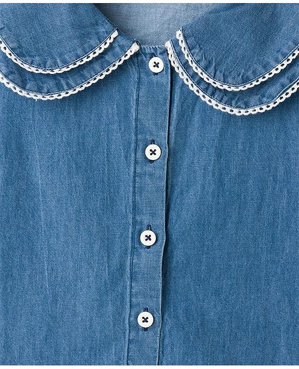 Pine Kids Cotton Woven Half Puffed Sleeves Frock Style Peter Pan Collar Top  - Navy Blue
