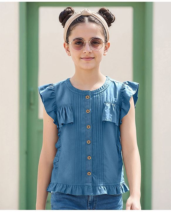 Pine Kids Cotton Woven Half Frill Sleeves Front Open Top WIth Pleates - Navy Blue