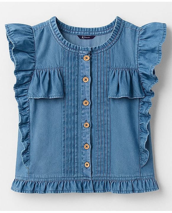 Pine Kids Cotton Woven Half Frill Sleeves Front Open Top WIth Pleates - Navy Blue