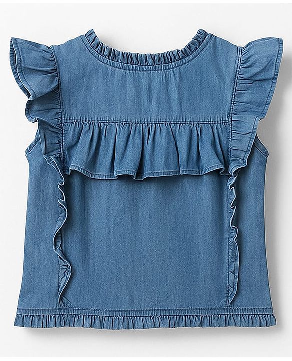 Pine Kids Cotton Woven Half Frill Sleeves Front Open Top WIth Pleates - Navy Blue