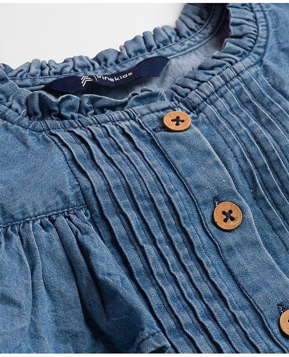 Pine Kids Cotton Woven Half Frill Sleeves Front Open Top WIth Pleates - Navy Blue