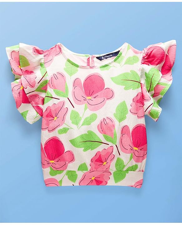 Pine Kids Woven Half Flutter Sleeves Top With Floral Print - White