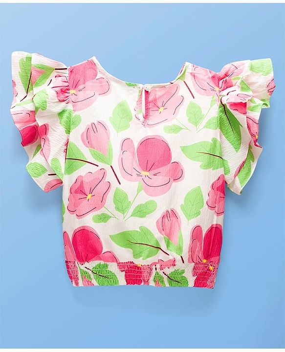 Pine Kids Woven Half Flutter Sleeves Top With Floral Print - White