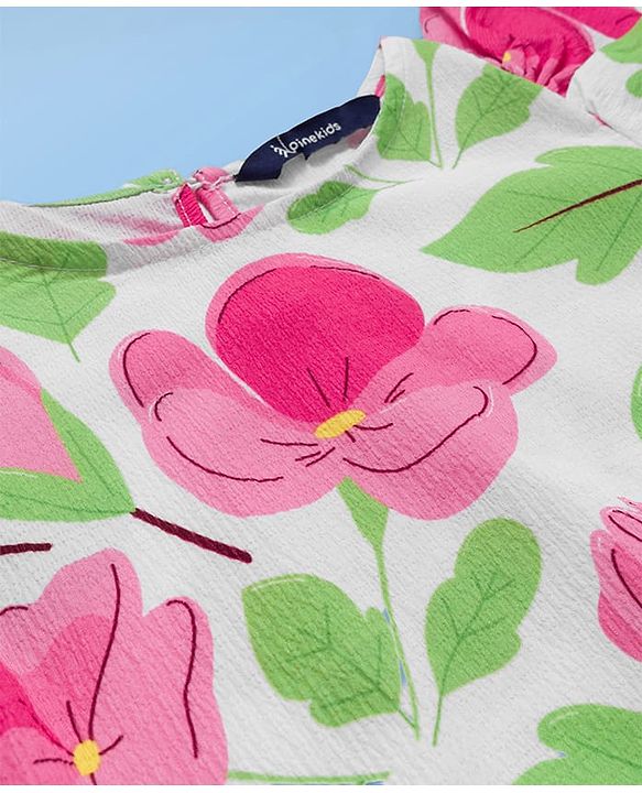 Pine Kids Woven Half Flutter Sleeves Top With Floral Print - White