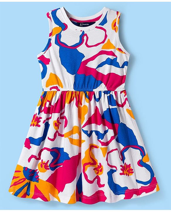 Pine Kids Cotton Knit Sleeveless Frock with Floral Print - Multicolor