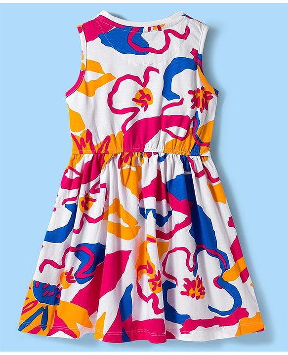Pine Kids Cotton Knit Sleeveless Frock with Floral Print - Multicolor