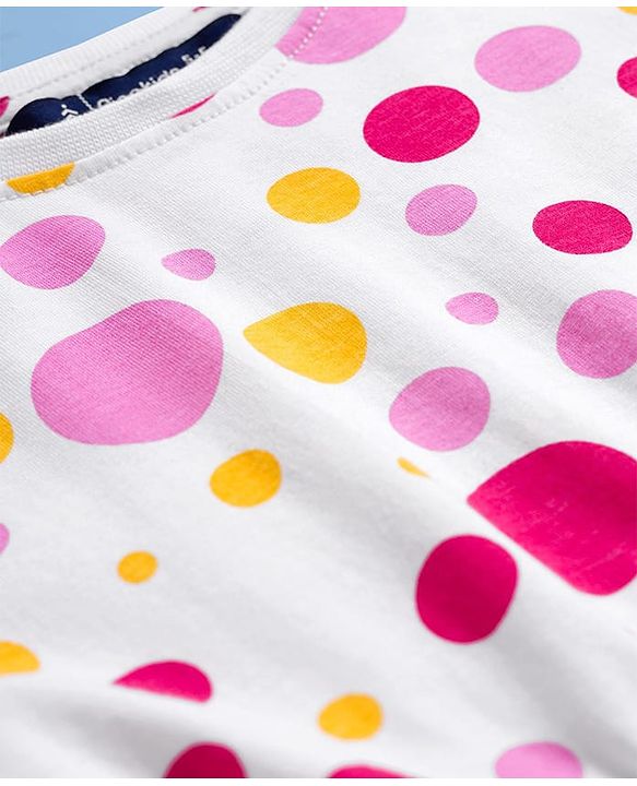 Pine Kids Cotton Knit Half Sleeves Frock With Polka Dot Print - White