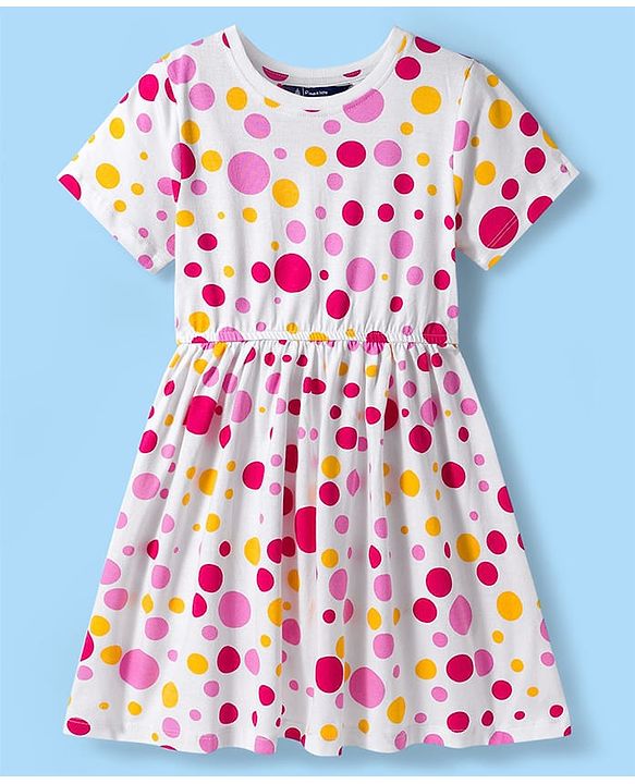 Pine Kids Cotton Knit Half Sleeves Frock With Polka Dot Print - White
