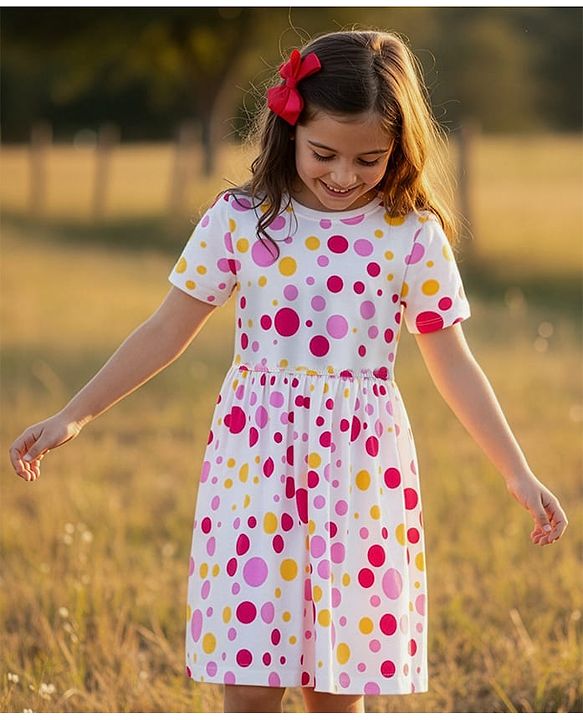 Pine Kids Cotton Knit Half Sleeves Frock With Polka Dot Print - White