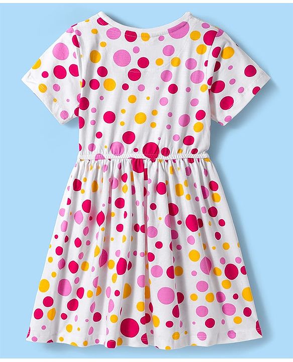 Pine Kids Cotton Knit Half Sleeves Frock With Polka Dot Print - White
