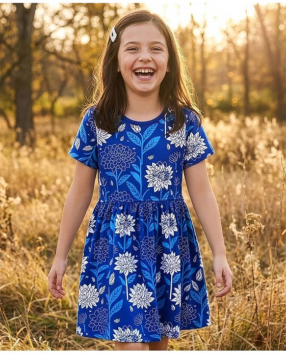 Pine Kids Cotton Knit Half Sleeves Frock With Floral Print - Blue