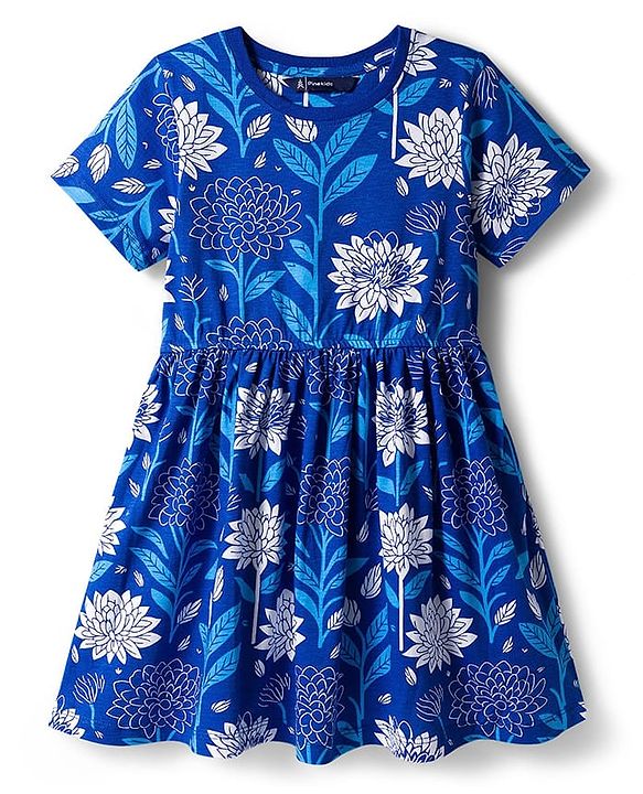 Pine Kids Cotton Knit Half Sleeves Frock With Floral Print - Blue