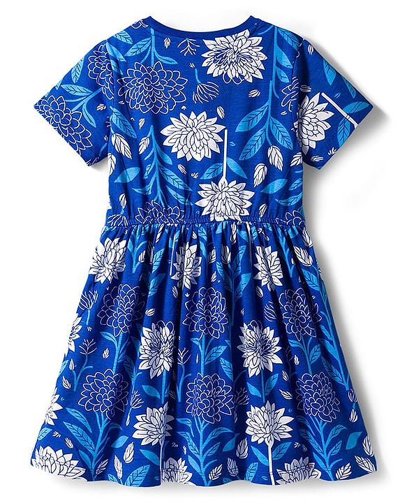 Pine Kids Cotton Knit Half Sleeves Frock With Floral Print - Blue