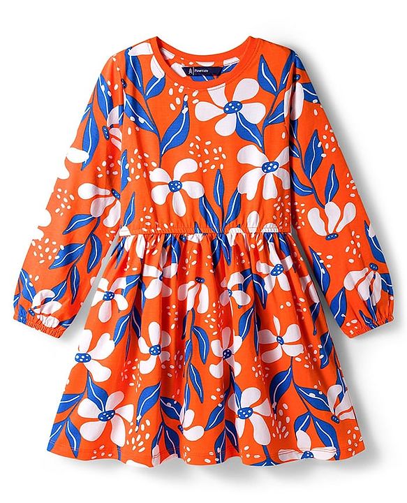 Pine Kids Cotton Knit Full Sleeves Frock With Floral Print - Orange