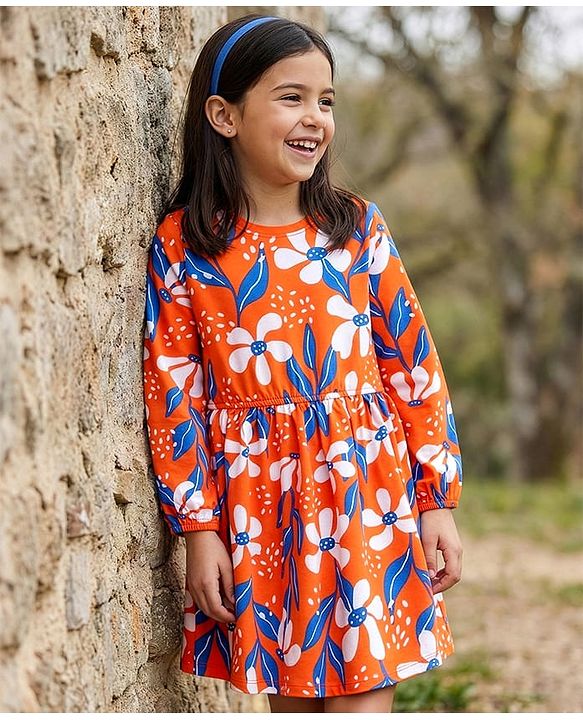 Pine Kids Cotton Knit Full Sleeves Frock With Floral Print - Orange