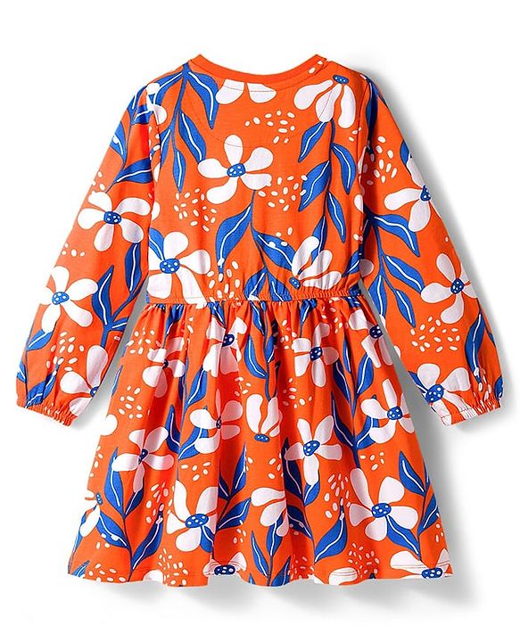 Pine Kids Cotton Knit Full Sleeves Frock With Floral Print - Orange