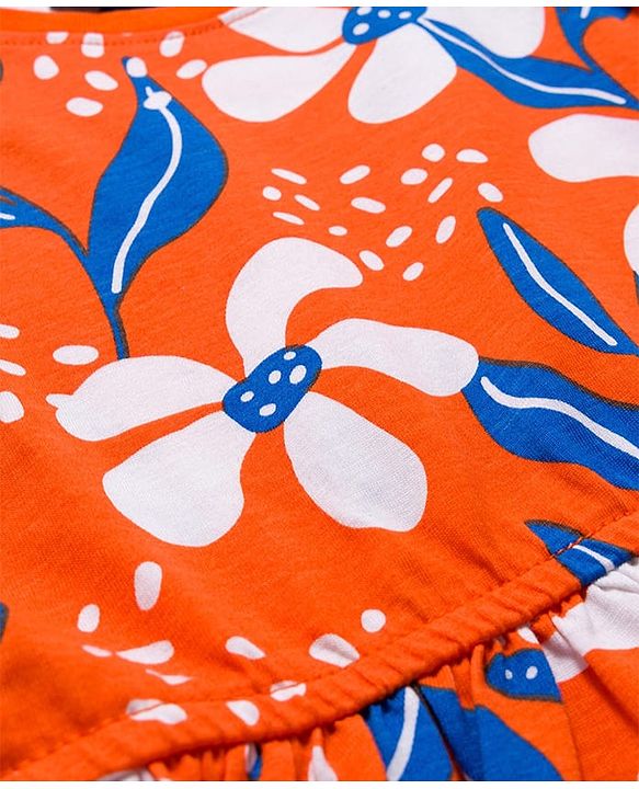 Pine Kids Cotton Knit Full Sleeves Frock With Floral Print - Orange