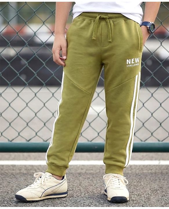 Pine Kids Looper Knit Full Length Lounge Pant With Text Print - Olive Green