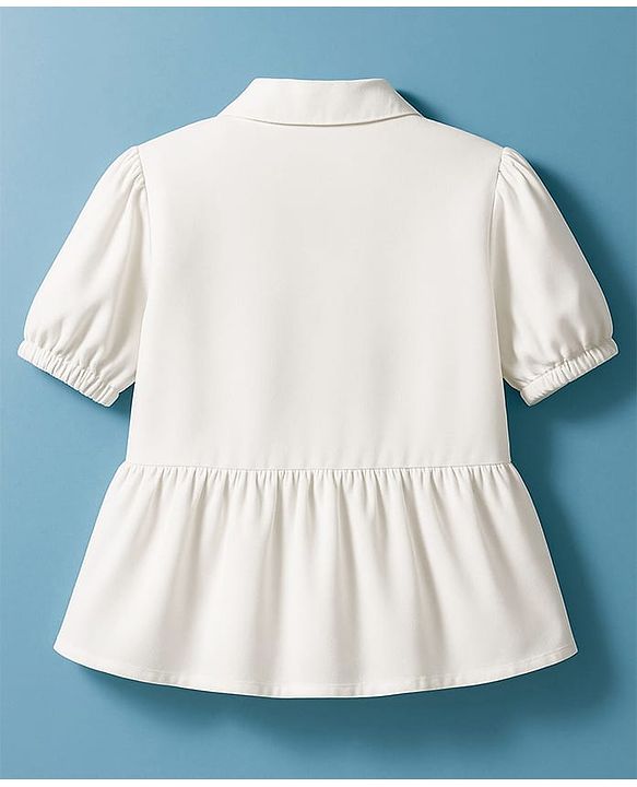 Pine Kids Woven Half Puffed Sleeves Frock Style Top with Floral Embroidery - White