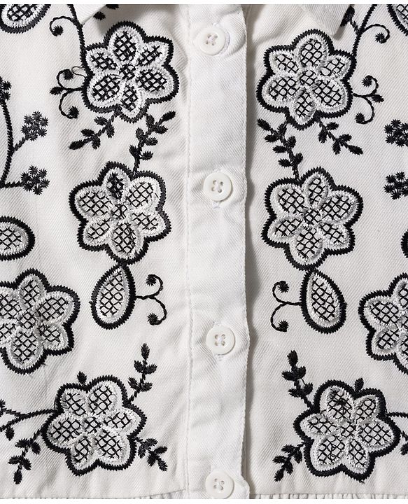 Pine Kids Woven Half Puffed Sleeves Frock Style Top with Floral Embroidery - White