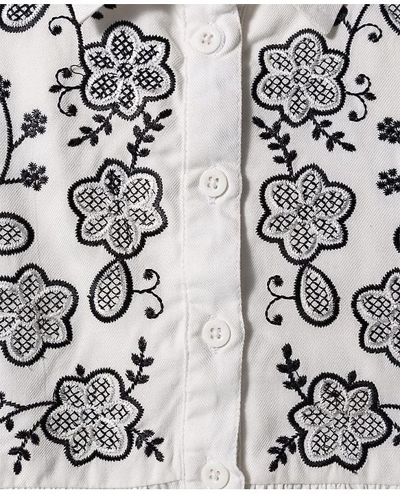 Pine Kids Woven Half Puffed Sleeves Frock Style Top with Floral Embroidery - White