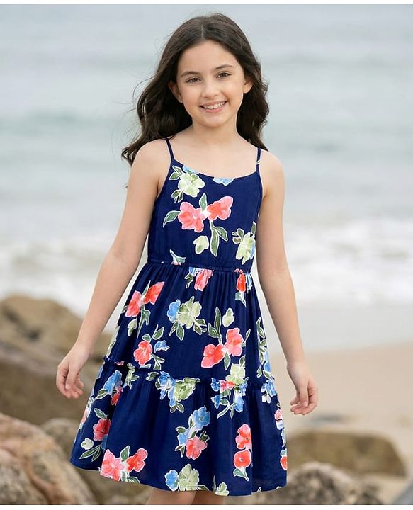Pine Kids Woven Sleeveless  Frock With Floral Print - Navy Blue