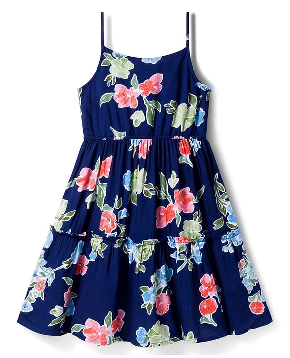 Pine Kids Woven Sleeveless  Frock With Floral Print - Navy Blue
