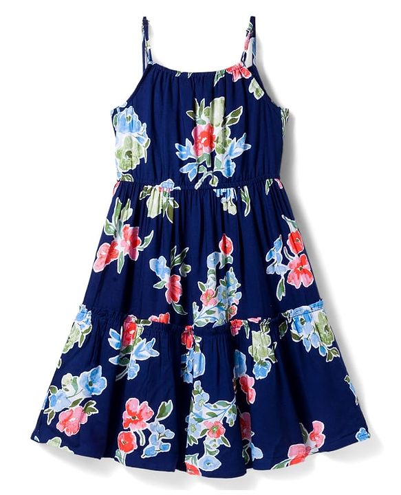 Pine Kids Woven Sleeveless  Frock With Floral Print - Navy Blue