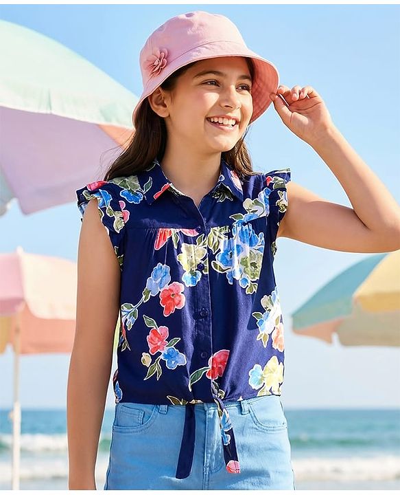 Pine Kids Woven Sleeveless Shirt Style Top With Knot & Floral Print - Navy Blue