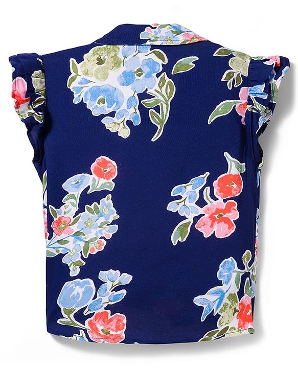 Pine Kids Woven Sleeveless Shirt Style Top With Knot & Floral Print - Navy Blue