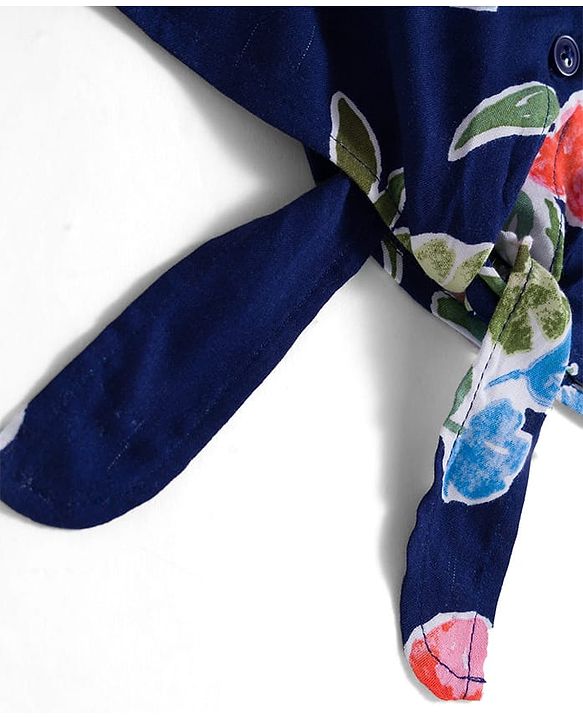 Pine Kids Woven Sleeveless Shirt Style Top With Knot & Floral Print - Navy Blue