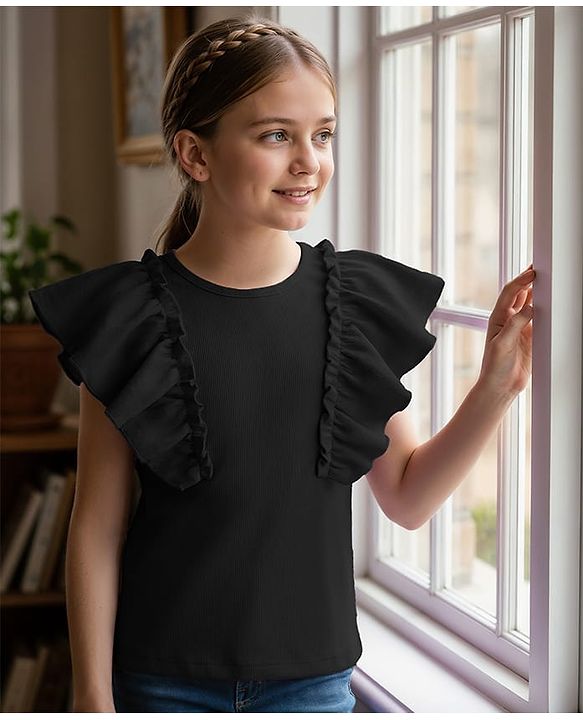 Pine Kids Cotton Knit Half Flutter Sleeves Solid Color Top - Black