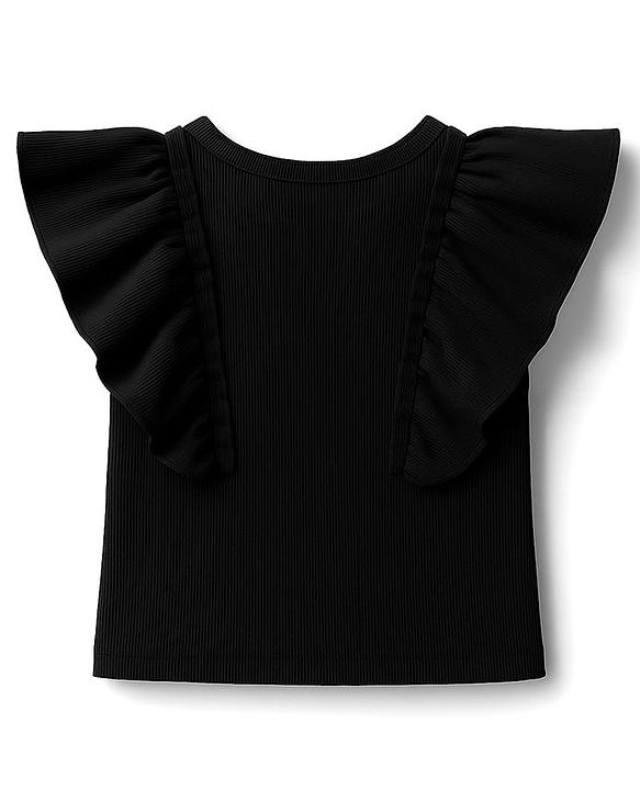 Pine Kids Cotton Knit Half Flutter Sleeves Solid Color Top - Black