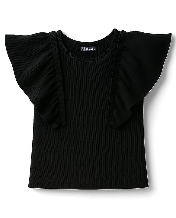 Pine Kids Cotton Knit Half Flutter Sleeves Solid Color Top - Black