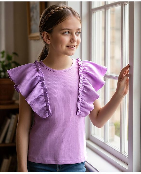 Pine Kids Cotton Knit Half Flutter Sleeves Solid Color Top - Black