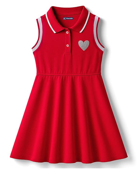 Pine Kids Cotton Knit Sleeveless Frock with Heart Patch - Red