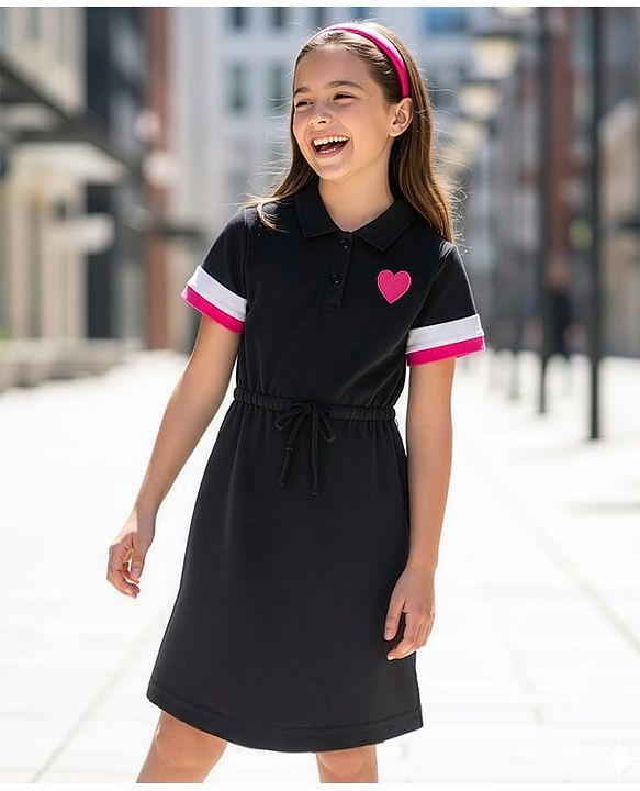 Pine Kids Cotton Knit Half Sleeves Frock with Heart Patch - Black