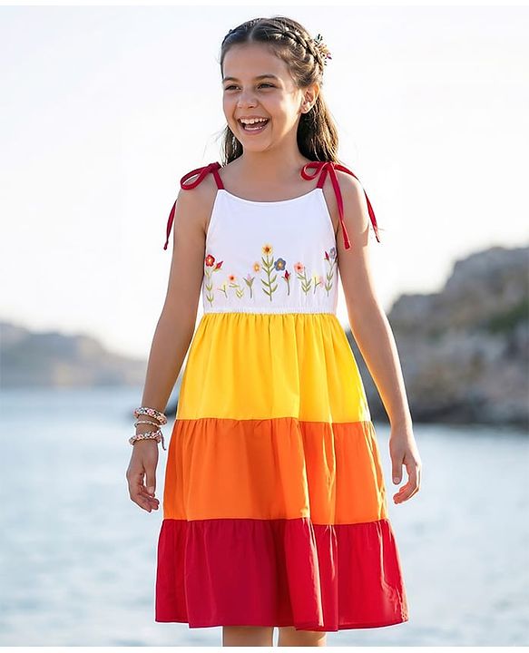 Pine Kids Cotton Knit Sleeveless Tiered Frock with Floral Embroidery - Multicolor