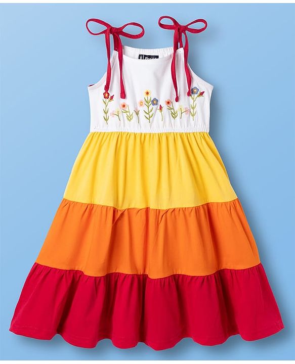 Pine Kids Cotton Knit Sleeveless Tiered Frock with Floral Embroidery - Multicolor