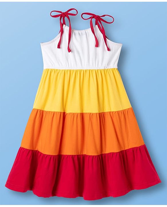 Pine Kids Cotton Knit Sleeveless Tiered Frock with Floral Embroidery - Multicolor