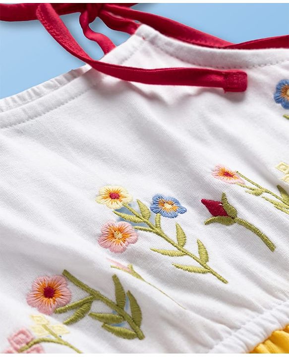 Pine Kids Cotton Knit Sleeveless Tiered Frock with Floral Embroidery - Multicolor