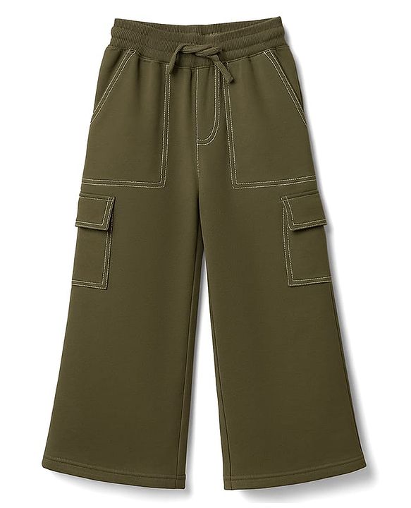 Pine Kids Knit Full Length Flared Solid Colour Track Pant With Pocket - Olive Green