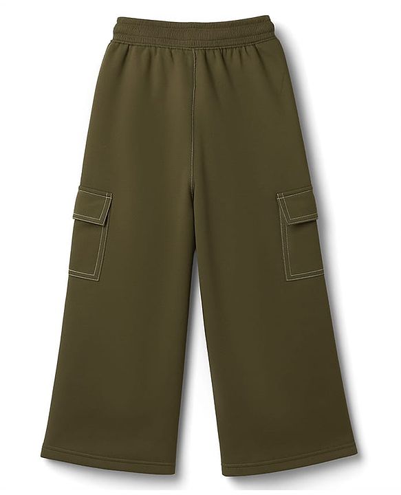 Pine Kids Knit Full Length Flared Solid Colour Track Pant With Pocket - Olive Green