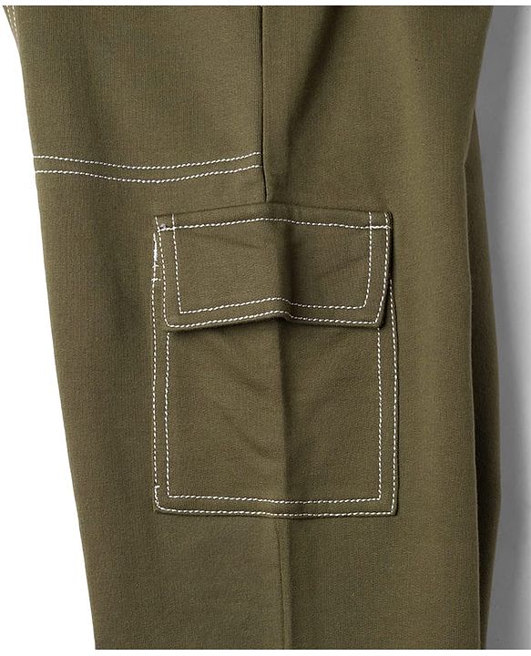 Pine Kids Knit Full Length Flared Solid Colour Track Pant With Pocket - Olive Green