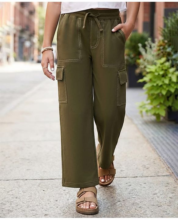 Pine Kids Knit Full Length Flared Solid Colour Track Pant With Pocket - Olive Green