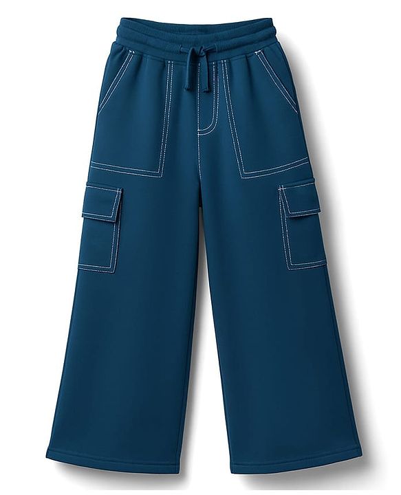 Pine Kids Knit Full Length Flared Solid Colour Track Pant With Pocket - Olive Green