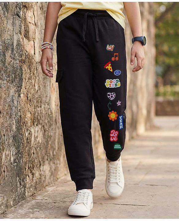 Pine Kids Knit Full Length Lounge Pant with Good Vibes Print - Black